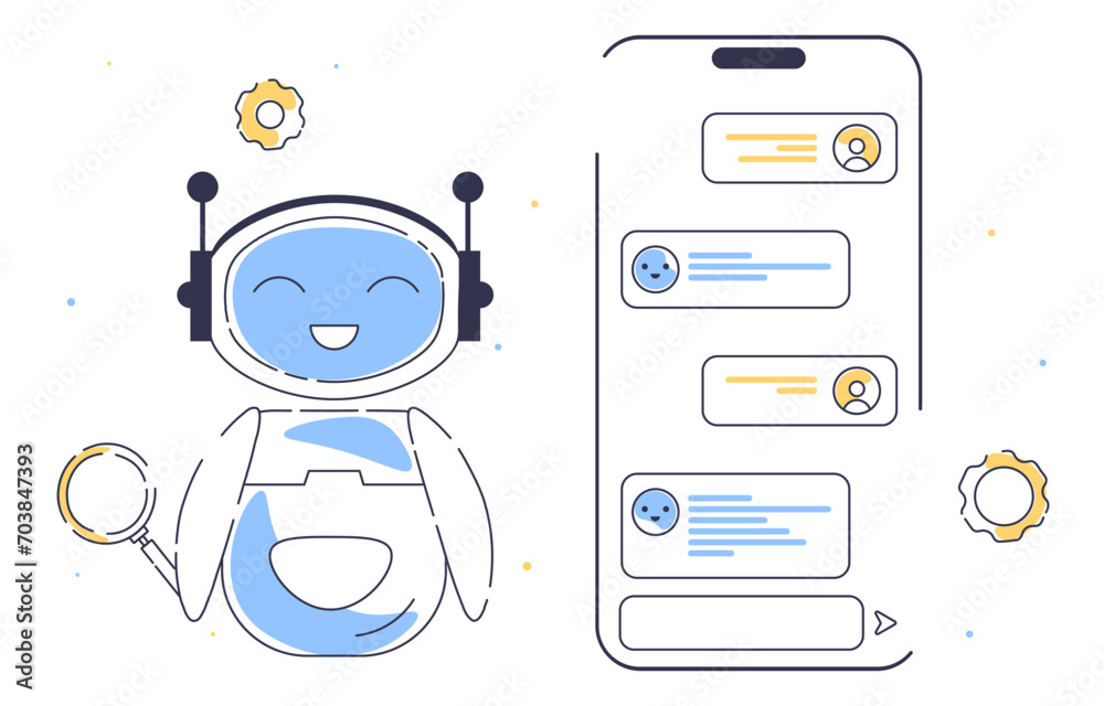 Poster chat bot doodle concept. virtual helper and assistant. artificial intelligence and machine learning.