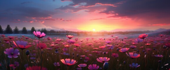 A field of pink starburst flowers with the light of the sunset