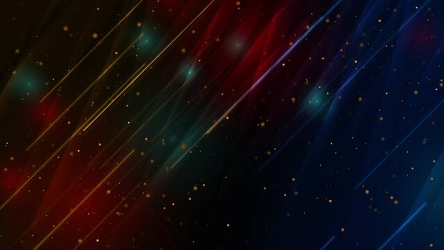 Bright blue and yellow glowing neon abstract background with golden particles. Seamless looping motion design. Video animation Ultra HD 4K 3840x2160