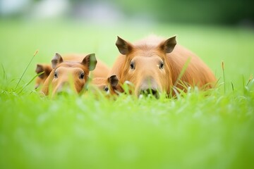 capybara family in lush green grass