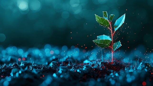 Idea of digital evolution or technological growth, represented by a seedling sprouting from a circuit board, symbolizing the intersection of nature and technology.