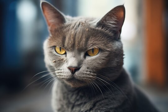 russian blue cat with intense glare, body tensed