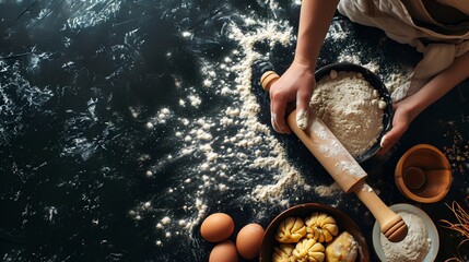Hands holding a wooden rolling pin dusted with flour, set against a dark black table scattered with white flour. The image evokes a home baking and cooking scene, perfect for culinary enthusiasts.