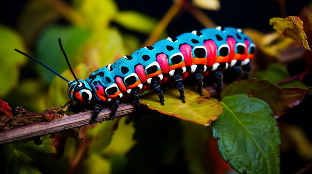 Scene with vibrant and colorful caterpillars feasting on leaves