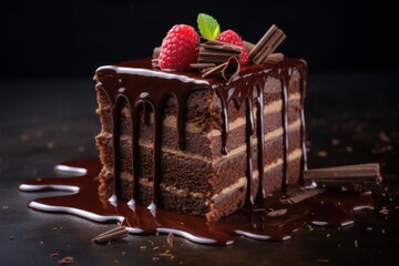 slice of delicious chocolate cake with raspberry on black background. National chocolate cake day...