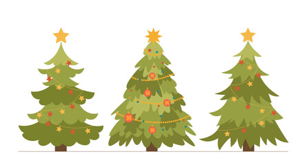 Set of Christmas trees. Plants with colorful garlands and star. Decoration for winter holidays and festivals. New Year and Noel Eve. Cartoon flat vector collection isolated on white background