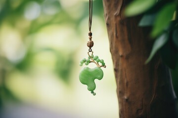 a jade pendant hanging from a tree branch