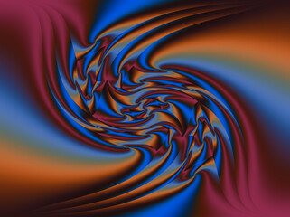 Falista abstrakcja z wirującymi  elementami na rozmytym tle w niebiesko, pomarańczowo, bordowej kolorystyce - tło, tekstura - obrazy, fototapety, plakaty