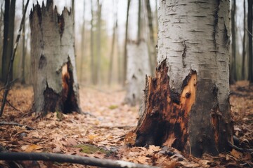 hollow tree trunks in dying forest - obrazy, fototapety, plakaty