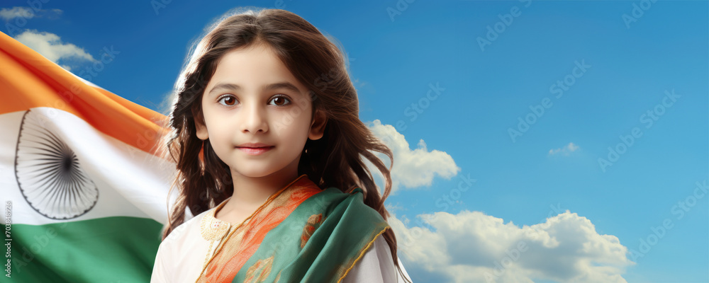 Sticker India flag, a young girl in traditional attire. A fictional character created by Generative AI.