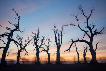 crooked tree silhouettes at deep twilight
