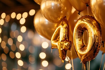 40. Geburtstag, "40" aus goldenen Heliumballons, festlicher Hintergrund
