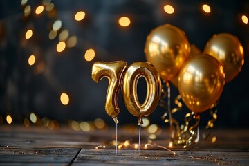 70. Geburtstag, "70" aus goldenen Heliumballons, Jubiläum, festlicher Hintergrund