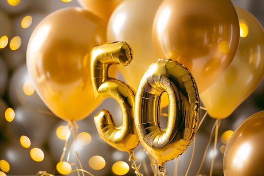 50. Geburtstag, "50" aus goldenen Heliumballons, festlicher Hintergrund