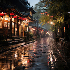 Rainy Evening in a Traditional Japanese Street