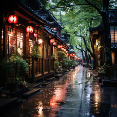 Fototapeta na wymiar Rainy Evening in a Traditional Japanese Street