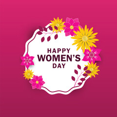 Happy Women's Day greeting card on dark pink background