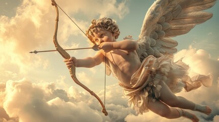 Aiming for Love: An image of Cupid holding a bow, taking aim, and shooting a heart arrow, symbolizing the pursuit of love on Valentine's Day, with hints of both passion and desperation.




 - obrazy, fototapety, plakaty