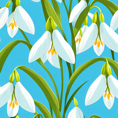 seamless pattern of white snowdrops Galanthus on blue background, early spring flower bloom, primrose garden, spring gardening, wallpaper and floral background postcard. First spring flowers, winter.