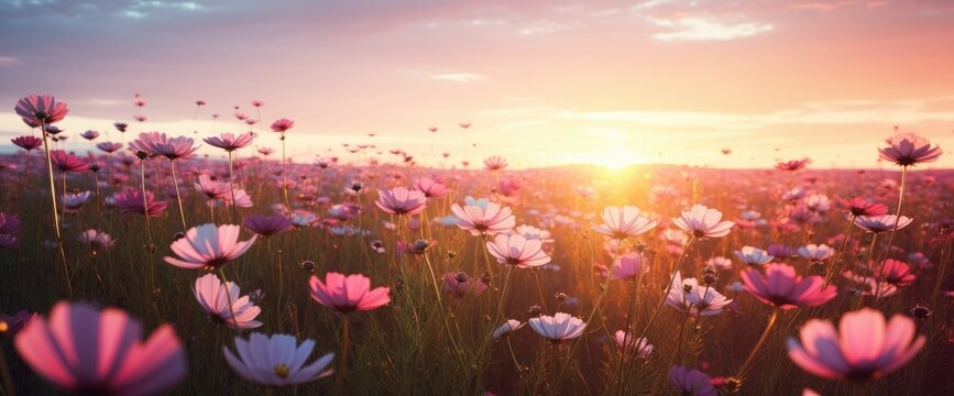 Beautiful and amazing of cosmos flower field landscape in sunset. nature wallpaper background