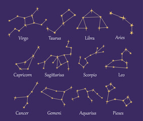 Set of constellations. Galaxy and universe. Astrology and astronomy. Taurus, Libro, Aries, Virgo, Sagittarius and Aquarius. Cartoon flat vector collection isolated on violet background