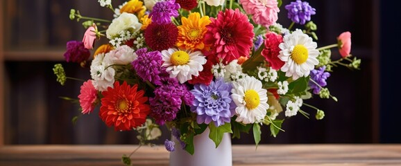 beautiful bouquet of mixed flowers in a vase on wooden table. the work of the florist at a flower shop