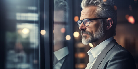 Mature pensive businessman looking through office 