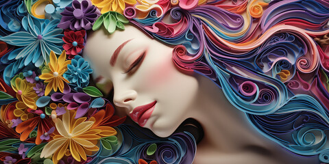 Paper quilling kirigami, stunning close-up portrait of a woman with flowers and colors swirling. Woman`s day