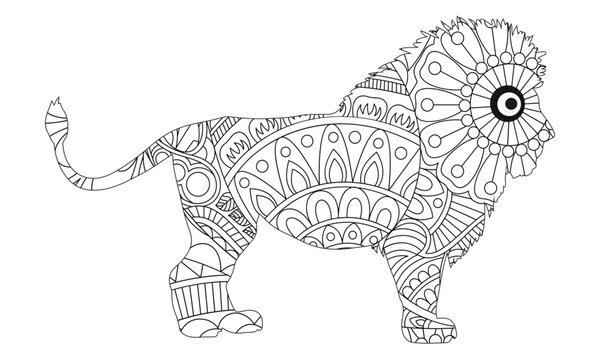 Zentangle stylized cartoon lion (wild cat, leo zodiac). Hand drawn sketch for adult antistress coloring page, T-shirt emblem, logo or tattoo with doodle, zentangle, floral design elements.