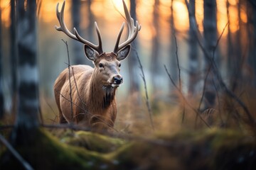 elk in forest clearing during golden hour - obrazy, fototapety, plakaty