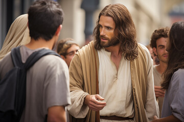 Jesus talking with people  - obrazy, fototapety, plakaty