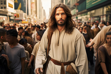 Jesus in modern city with people  - obrazy, fototapety, plakaty