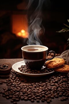 Black hot coffee cup and chocolate chip cookies on dark wood table. Mug with espresso on dark background with fireplace. Warm winter atmosphere. Banner with hot drink © ratatosk