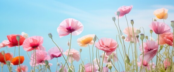 Beautiful colorful widescreen flower border of multi-colored poppies in nature close-up on pale blue background with soft selective focus. Light airy artistic image nature.