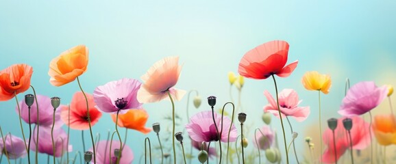 Beautiful colorful widescreen flower border of multi-colored poppies in nature close-up on pale blue background with soft selective focus. Light airy artistic image nature.