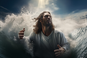 Jesus between water waves - obrazy, fototapety, plakaty