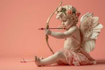 Aiming for Love: An isolated Cupid with his bow and arrow, taking aim against a pastel background,...