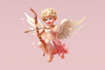 Fototapeta premium Aiming for Love: An isolated Cupid with his bow and arrow, taking aim against a pastel background, providing a romantic and minimalistic illustration with ample space for copy.