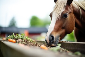 horse munching carrots from trough - obrazy, fototapety, plakaty