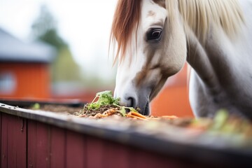 horse munching carrots from trough - obrazy, fototapety, plakaty