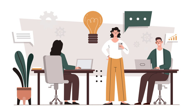 People in coworking space concept. Man and women in office. Partners and colleagues work at business project together. Employees and workers at workplace. Cartoon flat vector illustration