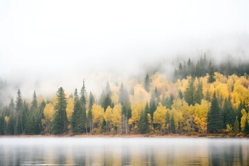Fototapeta premium dense fog enveloping forest around lake edge