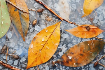 early frost on fallen birch leaves