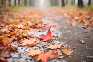 frosted red maple leaves scattered on dirt trail