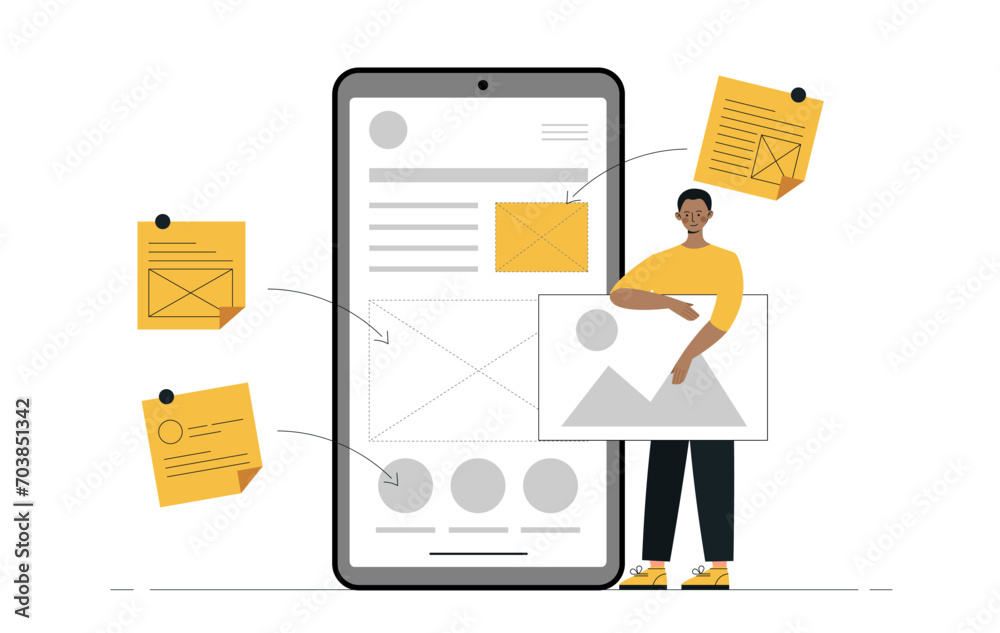 Poster design and programming concept. man with picture near smartphone screen. ui and ux design for softwa
