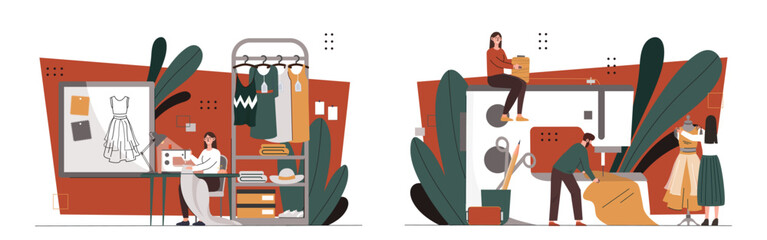 Designers dress set. Fashion and style. Needlework and handycrat. Tailor, atelier and seamstress. People with sewing machine. Cartoon flat vector collection isolated on white background