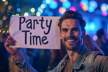 Fototapeta na wymiar Party time concept image with a man in a bar or nightclub holding a sign Party time