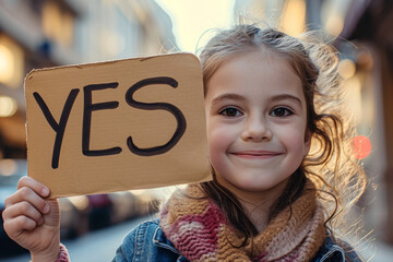 Yes concept image with a happy smiling young kid girl holding a sign with written word yes for agreement or agree answer