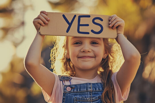 Yes concept image with a happy smiling young kid girl holding a sign with written word yes for agreement or agree answer