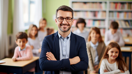 Smiling male teacher in a class and students on background - obrazy, fototapety, plakaty